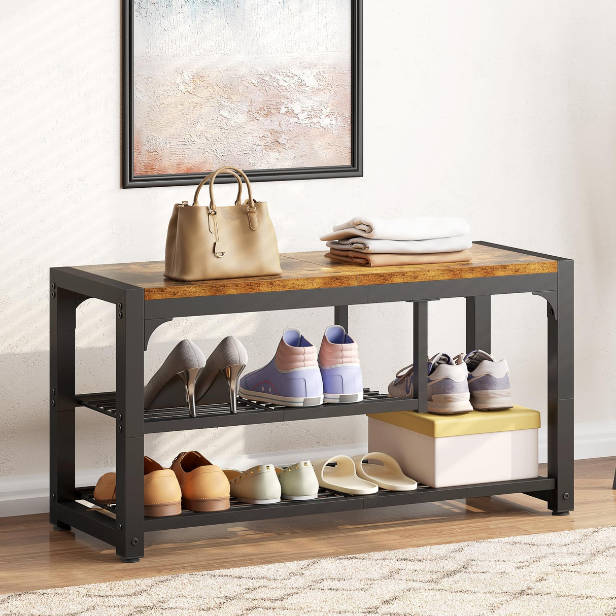 HOMEFORT Shoe Bench,3 Tiers Shoe Rack Bench,31.5" Shoe Storage Bench for Entryway, Retro Industrial Entry Bench with Mesh Shelves and Boot Storage,for Front Door Entrance, Rustic Brown HOMEFORT