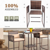 VINGLI 3 PCS Patio Bar Set Wicker, Outdoor Bar Table and Bar Stools with Storage Shelf and Cushions, Bar Height Outdoor Table and Chairs Wicker Furniture VINGLI