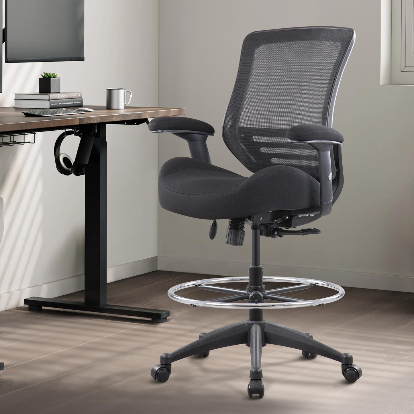 BOLISS Ergonomic Mesh Computer Office Drafting Chair with Super Soft Adjustable Arms Molded Foam Seat Cushion and Lumbar Support-Black