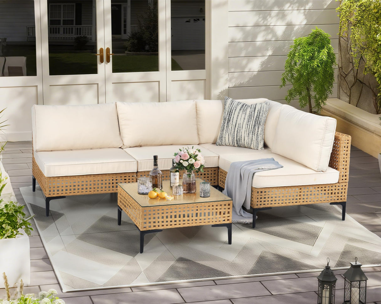 ABCASA Patio Furniture Set, 5-Piece Wicker Outdoor Patio Furniture Sets with Coffee Table,Boho Patio Conversation Set Sectional Sofa with All-Weather Cushions for Backyard,Porch,Beige ABCASA