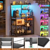 Aheaplus Bakers Rack with Power Outlet and LED Light Strings, Microwave Oven Stand Kitchen Storage Shelf with Wire Basket, Coffee Bar Station Island Table with 10 Hooks for Spices, Pots, Pans, Black Aheaplus