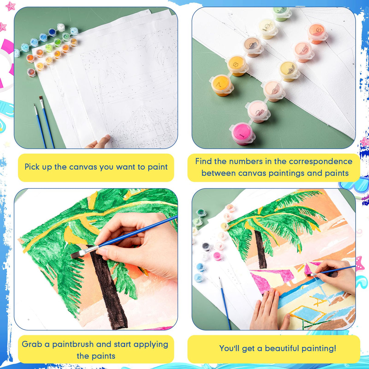 Gueevin 10 Pack Paint by Number DIY for Adults Paint by Numbers Acrylic Painting Kits Canvas, Without Frame, Simple Oil Painting for Spring Summer Gift Wall Decor 12 x 16 inch(Beach Style) Gueevin