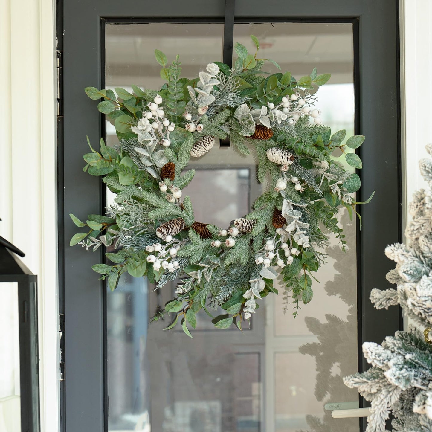 Christmas Wreath for Door, Soomeir Large Size Winter Wreaths with Berries, Christmas Poinsettia and Velvet Bow, for Home Wall Window Porch Indoor Outdoor