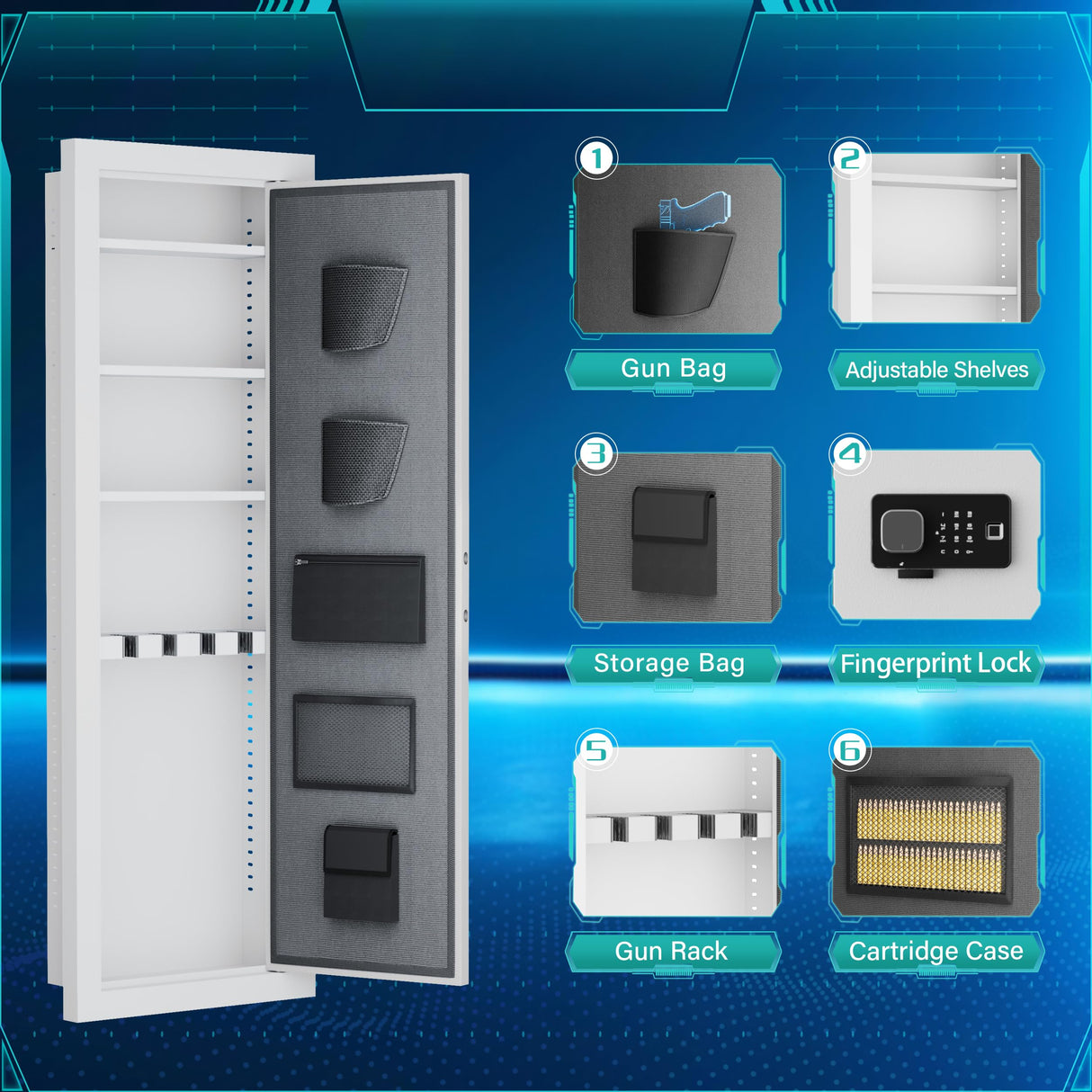 Superday 4-6 Wall Guns Safes with Electronic Fingerprint lock, Quick Access Locking Gun Cabinets for Rifles and Shotguns, White Unassembled Gun Safe for Rifles and Pistols with 3 Removable Shelves Superday
