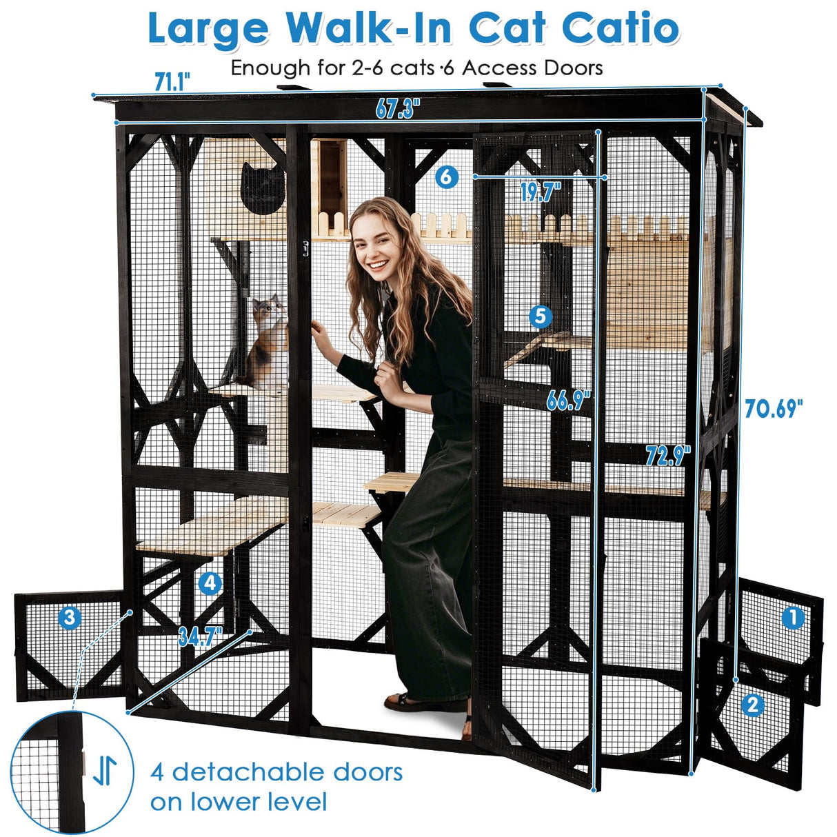 FunXplore 71.1" L Large Cat Catio Outdoor Cat Enclosure Window Acess, Walk-in Cat Cage Cat House for Multiple Indoor Outdoor Cats, Outside Patio 6 Doors Weatherproof Roof FunXplore