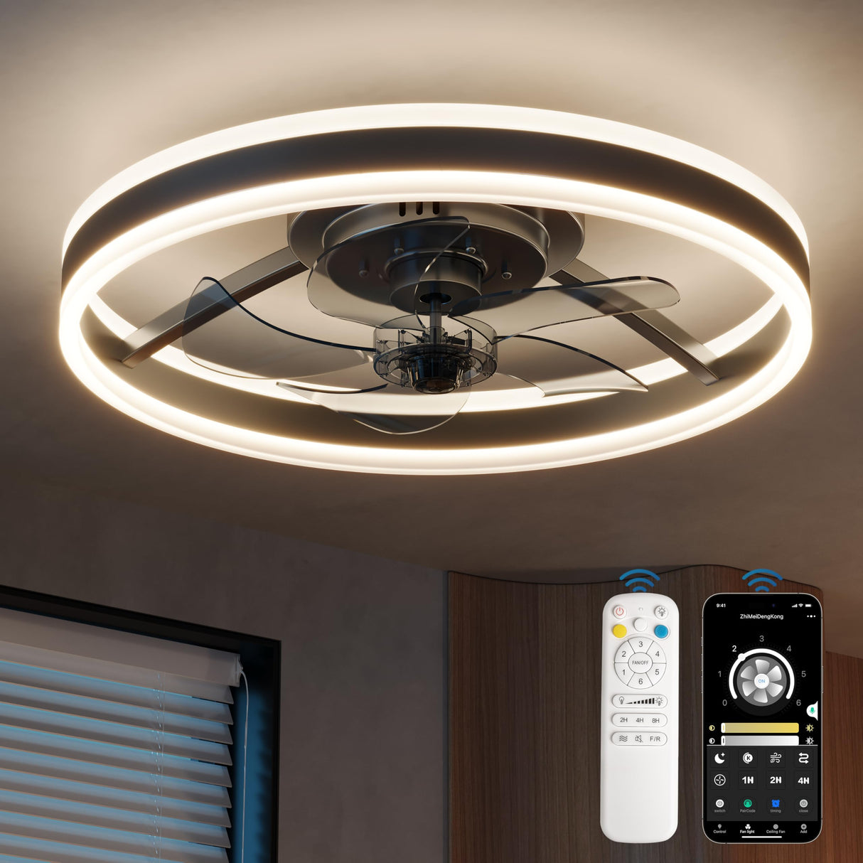 CubiCubi Modern Ceiling Fans with Lights, 20 Inch Black Fandelier with Remote Control and APP, Quiet LED Fan Light with 3CCT and 6 Wind Speeds, Low Profile Flush Mount Fan for Bedroom, Dining Room CubiCubi