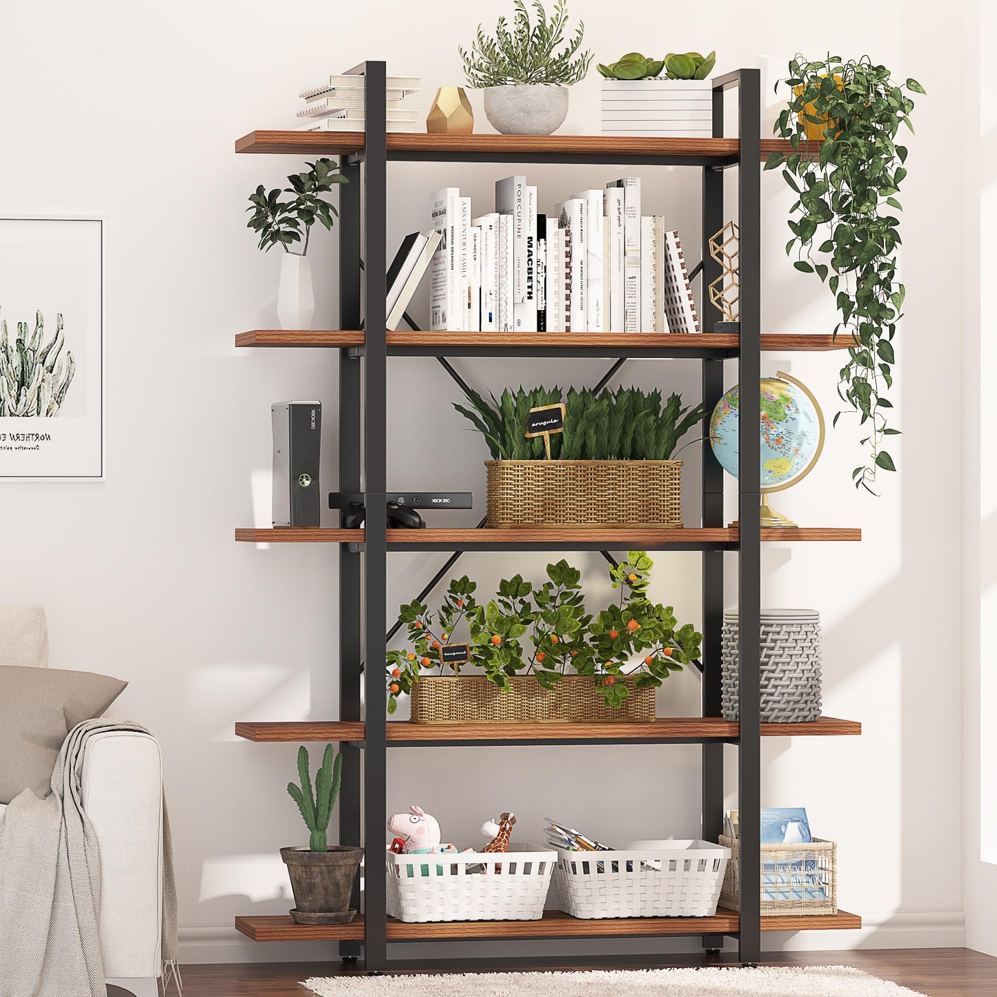 BATHWA 5-Tier Rustic Industrial Bookshelf - 6ft Tall Wooden and Metal Bookcase for Home & Office Storage - WoodArtSupply