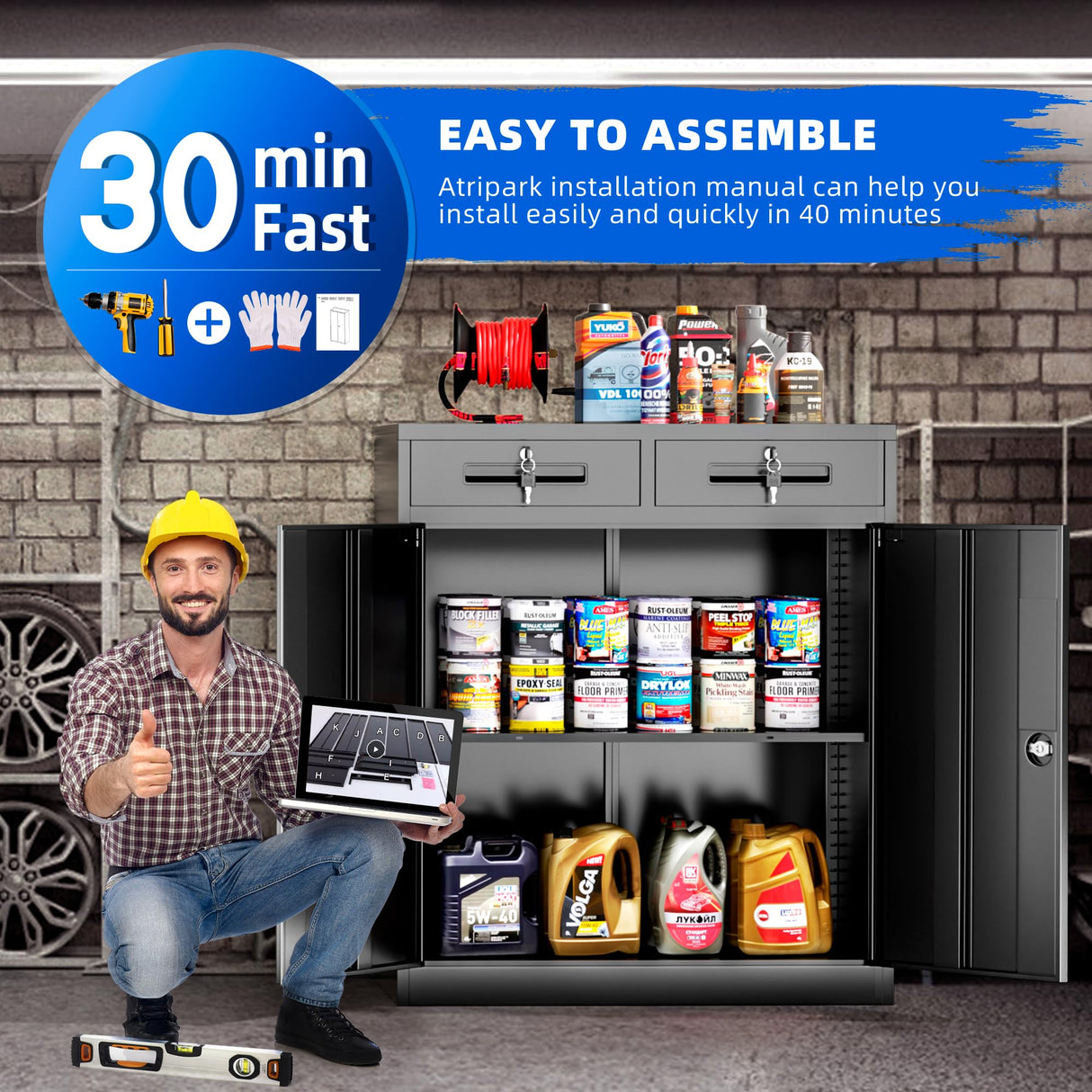 Superday 36" Locking Metal Storage Cabinet with 2 Drawers, Lockable Garage Storage Cabinet with Locking Doors and Adjustable Shelves, Black Tool Cabinet for Home Office, School, Etc Superday