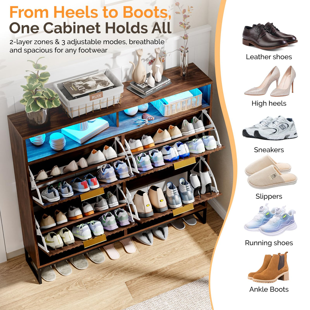 VINGLI Fluted Shoe Cabinet Storage for Entryway,Hidden Shoes Storage Cabinet with 4 Flip Drawers, Mid Century Modern Shoe Rack with LED Light,Shoes Organizer with Cubby for Hallway(Dark Walnut) VINGLI