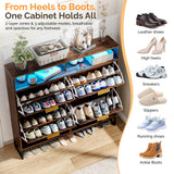 VINGLI Fluted Shoe Cabinet Storage for Entryway,Hidden Shoes Storage Cabinet with 4 Flip Drawers, Mid Century Modern Shoe Rack with LED Light,Shoes Organizer with Cubby for Hallway(Dark Walnut) VINGLI