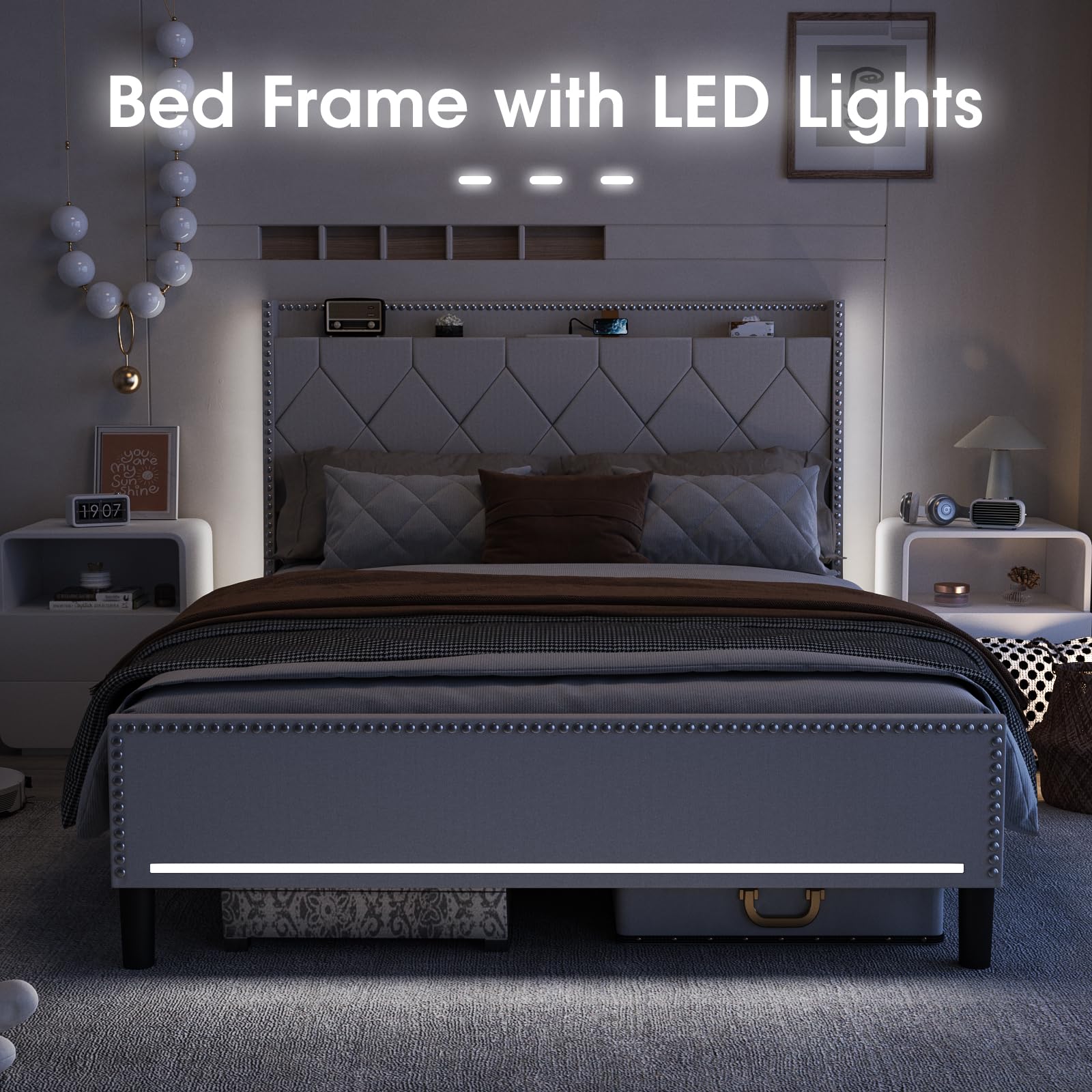 Vabches Off White Full Size Bed Frame with LED Lights and Charging Station - WoodArtSupply