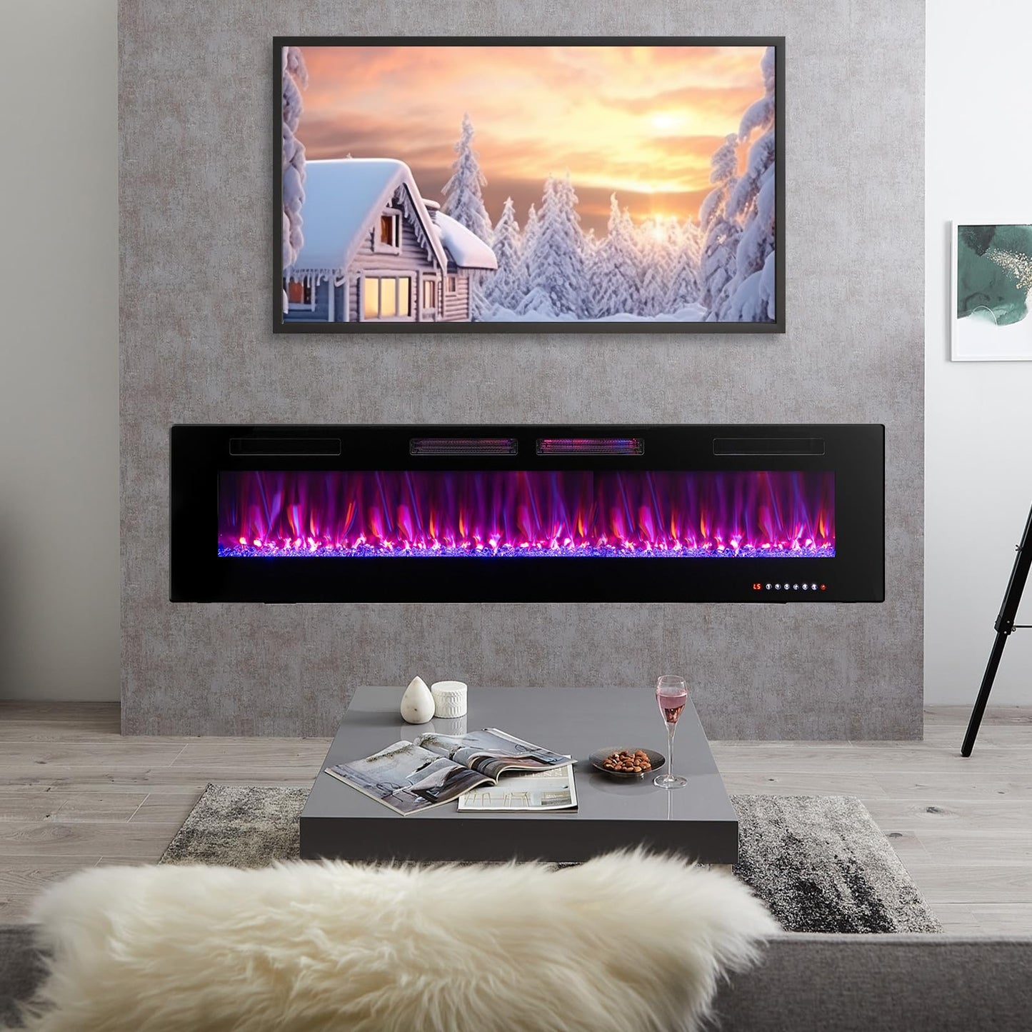 COSTWAY Ultra-Thin Electric Fireplace 72-inch Wide, 750W/1500W Wall-Mounted and Recessed Fireplace Heater with 12 Flame and Flame Bed Color, Remote and Smart APP Control, Decorative Crystal Included