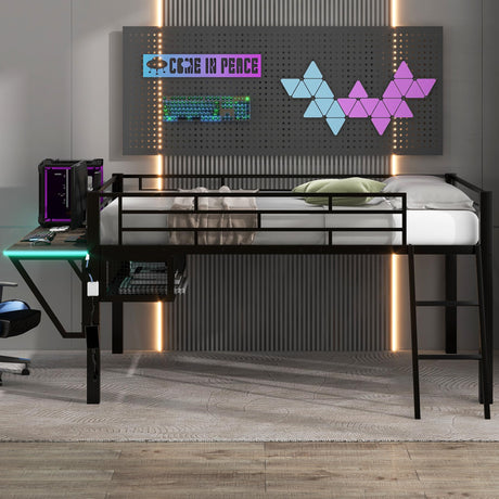 SOFTSEA Black Low Loft Bed with Desk, LED Lighting & Storage Space for Kids SOFTSEA