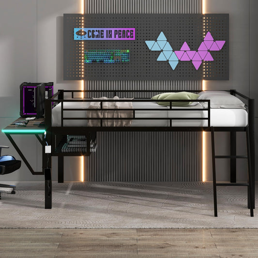 SOFTSEA Black Low Loft Bed with Desk, LED Lighting & Storage Space for Kids - WoodArtSupply