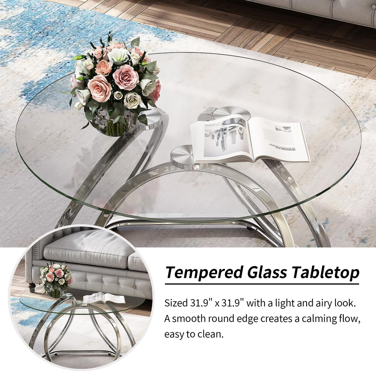 O&K FURNITURE Glass Coffee Table, Modern Silver Coffee Table Living Room Table with Hexagonal Base, Round Coffee Table for Home&Office, Chrome Finish, 1 PC O&K FURNITURE