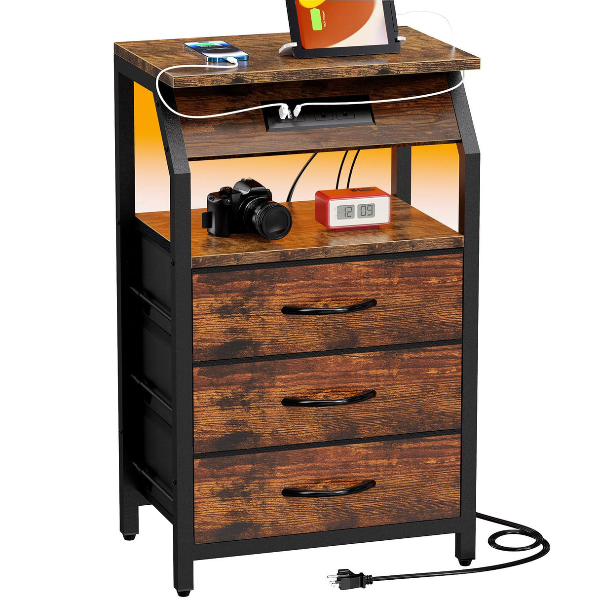 SZLHANJZ End Table with Charging Station, Nightstand with LED Lights and 3 Drawers, Small Dresser with Fabric Storage, Retro Side Table for Bedside, Living Room Dorm, Rustic Brown SZLHANJZ