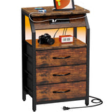 SZLHANJZ End Table with Charging Station, Nightstand with LED Lights and 3 Drawers, Small Dresser with Fabric Storage, Retro Side Table for Bedside, Living Room Dorm, Rustic Brown SZLHANJZ