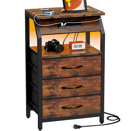 SZLHANJZ End Table with Charging Station, Nightstand with LED Lights and 3 Drawers, Small Dresser with Fabric Storage, Retro Side Table for Bedside, Living Room Dorm, Rustic Brown SZLHANJZ