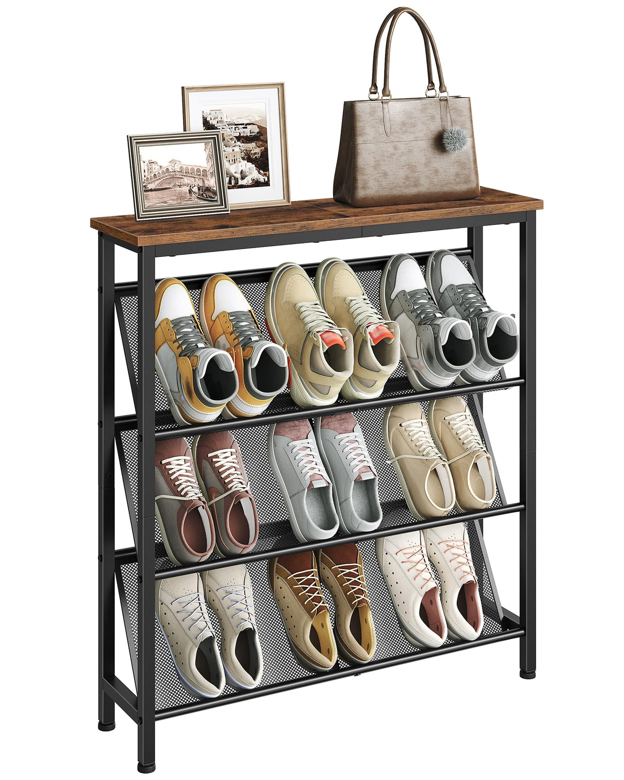 CHOEZON Shoe Rack, 4-Tier Slanted Shoe Storage Shelf, Narrow Shoe Rack for Entryway, Shoe Organizer with Adjustable Feet, Slim Shoe Shelf with Wooden Top and Metal Frame Rustic Brown and Black TXJ75BF CHOEZON