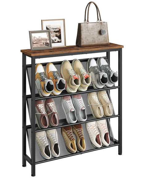 CHOEZON Shoe Rack, 4-Tier Slanted Shoe Storage Shelf, Narrow Shoe Rack for Entryway, Shoe Organizer with Adjustable Feet, Slim Shoe Shelf with Wooden Top and Metal Frame Rustic Brown and Black TXJ75BF CHOEZON