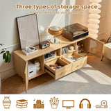 JanflyHome TV Stand for 70 Inch TV-Modern Rattan Media Console with Power Outlet, Entertainment Center with LED Light, Rattan TV Console Furniture for Living Room, Wood JanflyHome