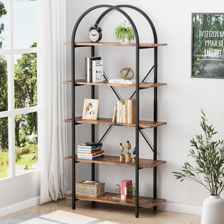 Arbuxzuy Arched Bookshelf 5 Tier Book Shelf, 31.5 Inch Width Industrial Arch Bookcase, Curved Tall Bookshelf with Open Shelves for Home Office, Living Room, Bedroom, Rustic Brown Arbuxzuy