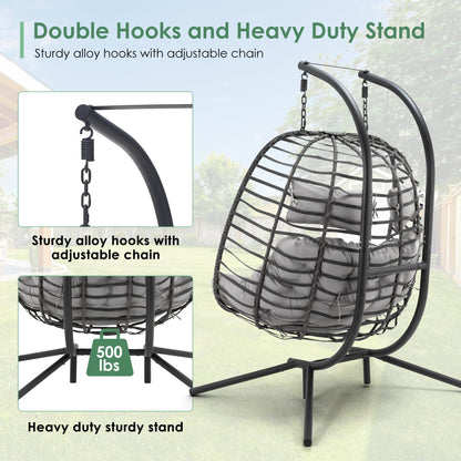 2 Person Hanging Egg Chair with Stand for Outdoor, Patio Hand Made Rattan Wicker Double Egg Swing Chairs Hammock Chair with UV Resistant Cushion and Metal Frame, Porch Swing Loveseat for Backyard