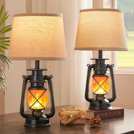LEDIARY 18.72" Black LED Lantern Flickering Flame Table Lamps for Bedrooms Set of 2, Small Farmhouse Rustic End Table Lamps, Halloween Decorative Lantern Bedside Lamps for Living Room LEDIARY