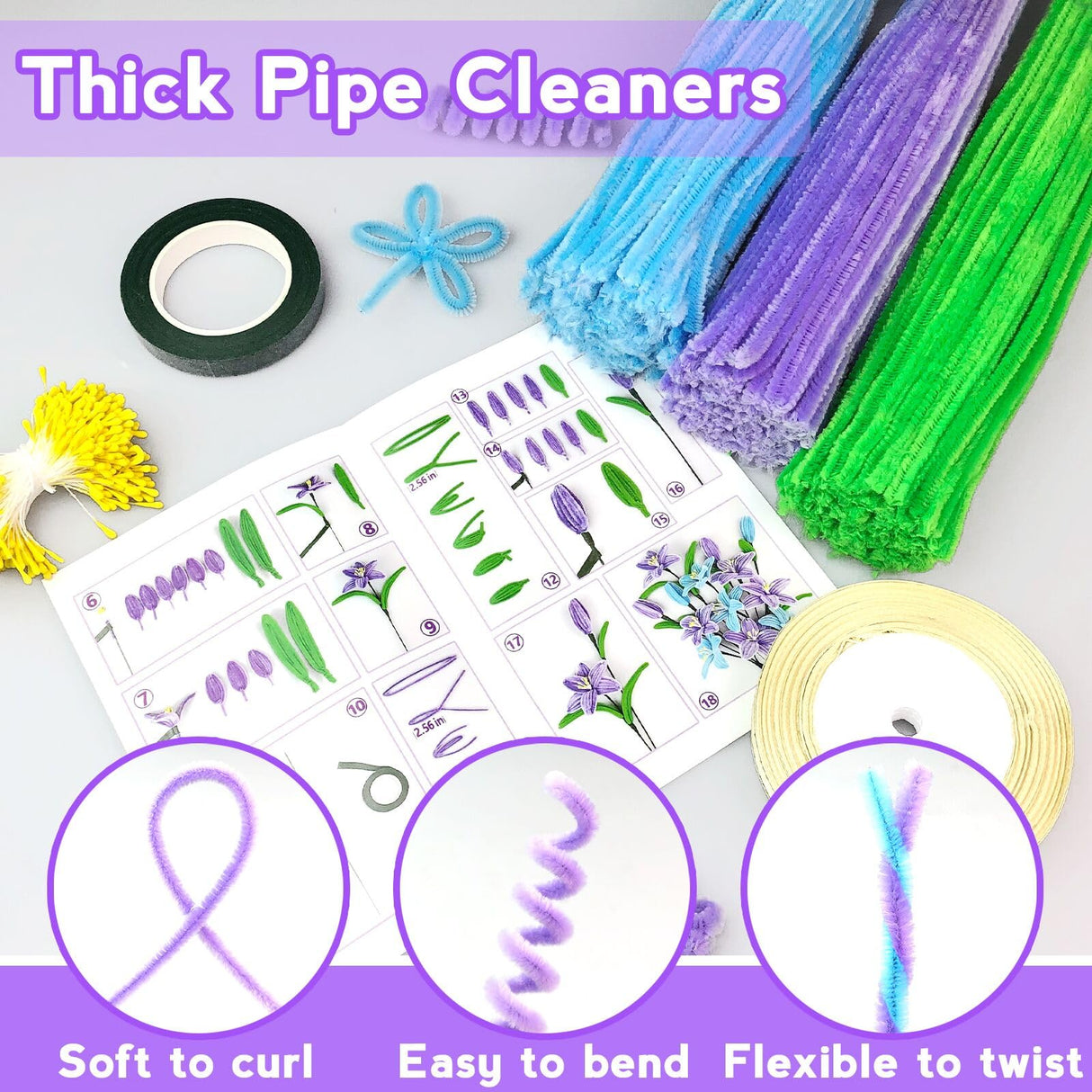 ZEIZHUBN 300 Pieces Pipe Cleaners, Pipe Cleaners Flower Bouquet Kit, Flower Making Kit with Floral Wires Tape, Art and Craft Supplies Projects DIY Decoration Holiday Party Birthday Gifts ZEIZHUBN