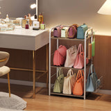 White Purse Organizer, 3-Tier Floor Standing Bag Rack Stand Featuring Side Hooks and Baskets, Adjustable Feets, High Capacity Metal & Wood Handbag Holder Design for Closet Storage, Patent Pending koozuuyk