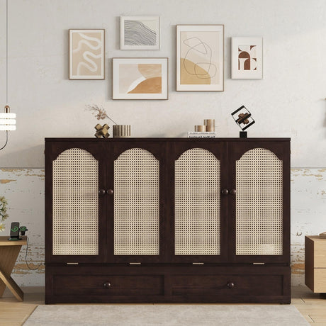 DNChuan Queen Size Murphy Cabinet Bed with Storage Drawer and Charging Station, Foldable Dresser Platform Bed with Oval Rattan Decoration Panel, Space Saving, Espresso DNChuan
