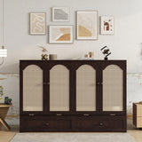 KEIKI Queen Murphy Bed Cabinet – Foldable Wall Bed w/USB, Rattan Panel & Drawer – Space-Saving, Heavy-Duty Frame – for Apartments/Guest, Espresso KEIKI