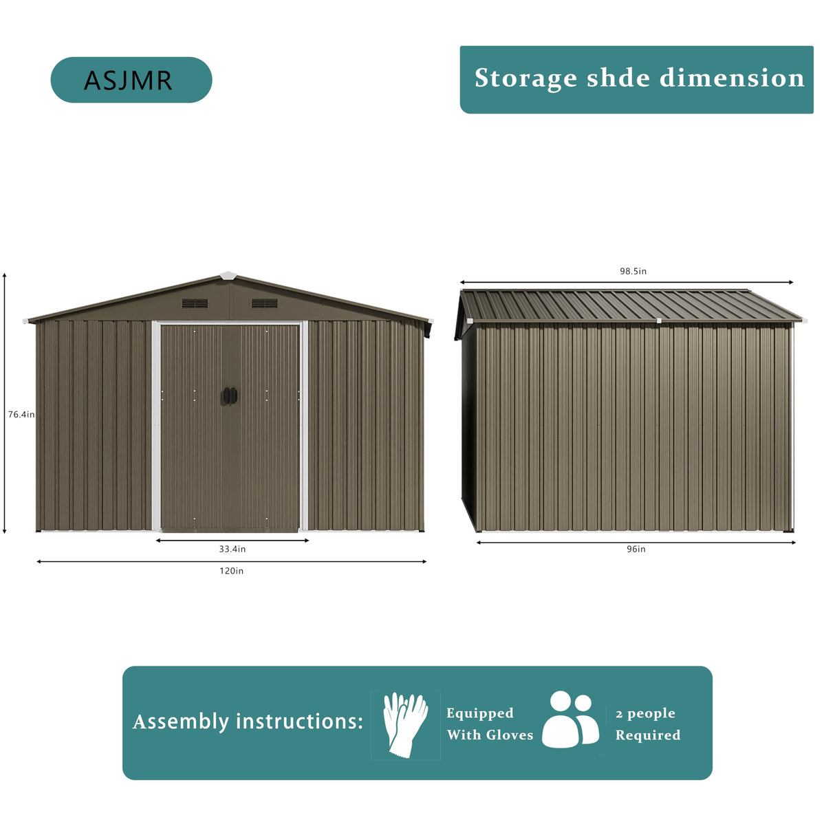ASJMR 10FT x 8FT Outdoor Storage shed, Waterproof Lockable Door Metal Tool shed with Sliding Door and Ventilation, Gardening Tool Storage Room, Metal Storage shed for Gardens and lawns ASJMR