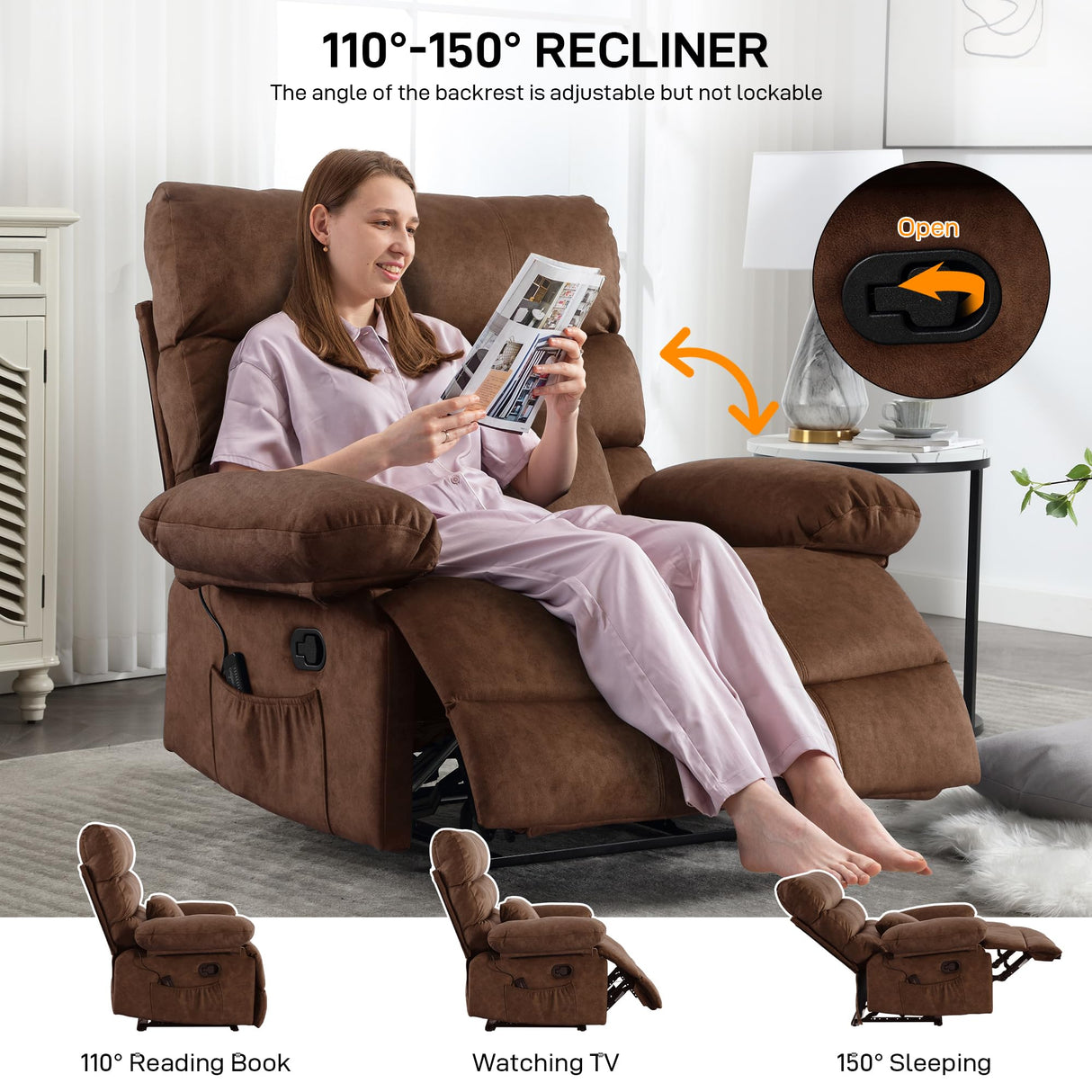 HOMYEDAMIC Oversized Recliner Chair, Plus Size 28 inch Large Wide Seat Manual Flannel Recliner with Pockets, Lumber Pillow 350 lb Capacity for Living Room Adults HOMYEDAMIC