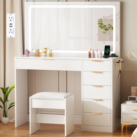 ANWBROAD 39.4" Makeup Vanity Desk with Glass Top & Power Outlet for Girls Women White Modern UBDT79W ANWBROAD