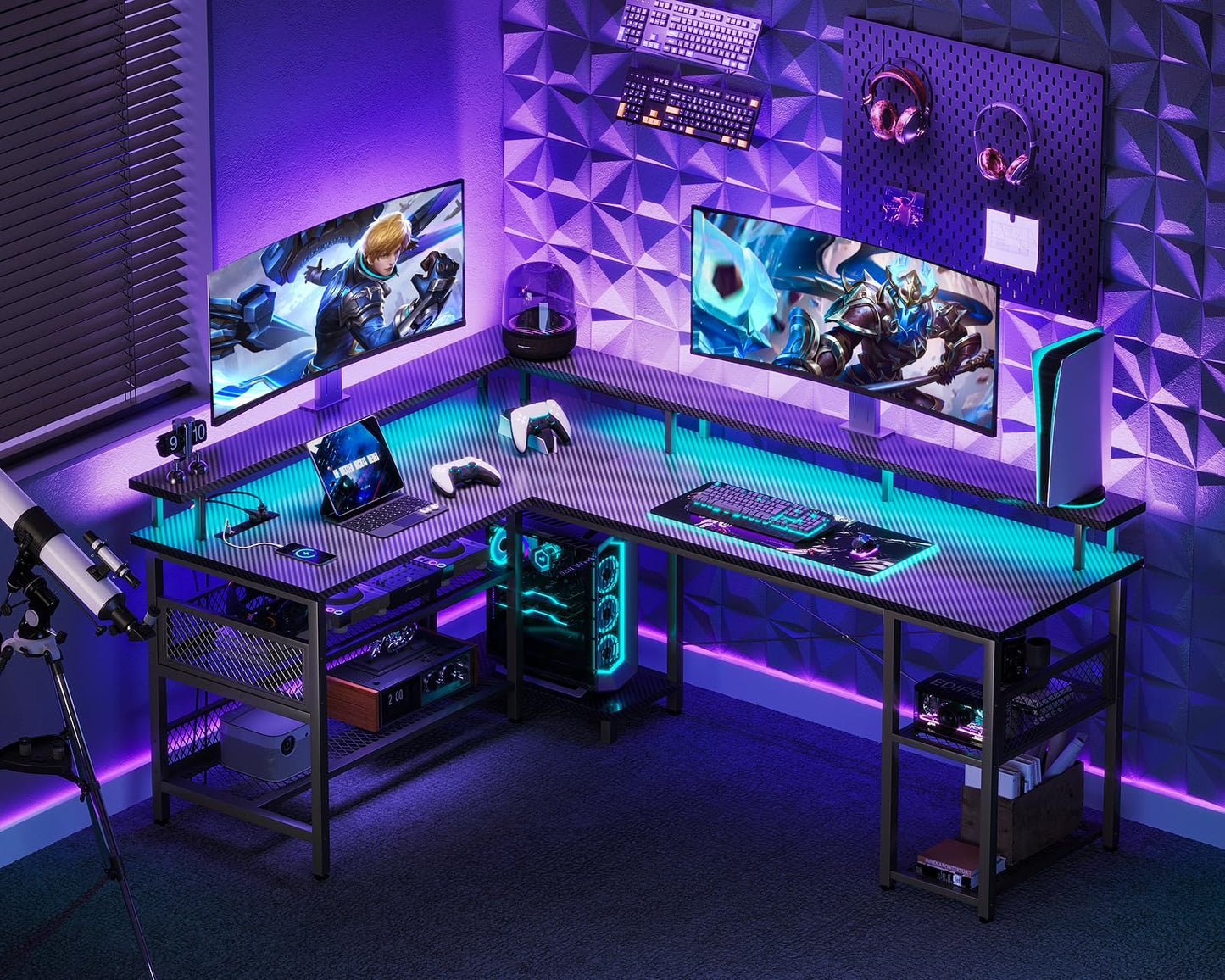 ODK 59" L Shaped Gaming Desk with LED Lights, Power Outlets, and Storage Solutions in Black Carbon Fiber - WoodArtSupply