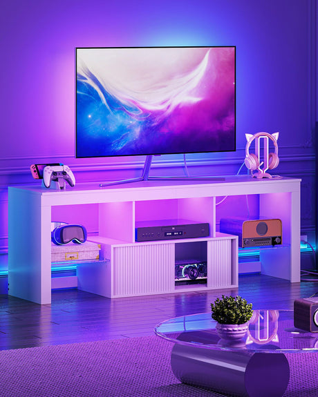 CHOEZON TV Stand with Power Outlet, Modern TV Cabinet for 55 60 inch TVs, Media TV Console with LED Light Strip, Media Entertainment Center with Storage, for Living Room, Bedroom, White MDS02UDWB CHOEZON