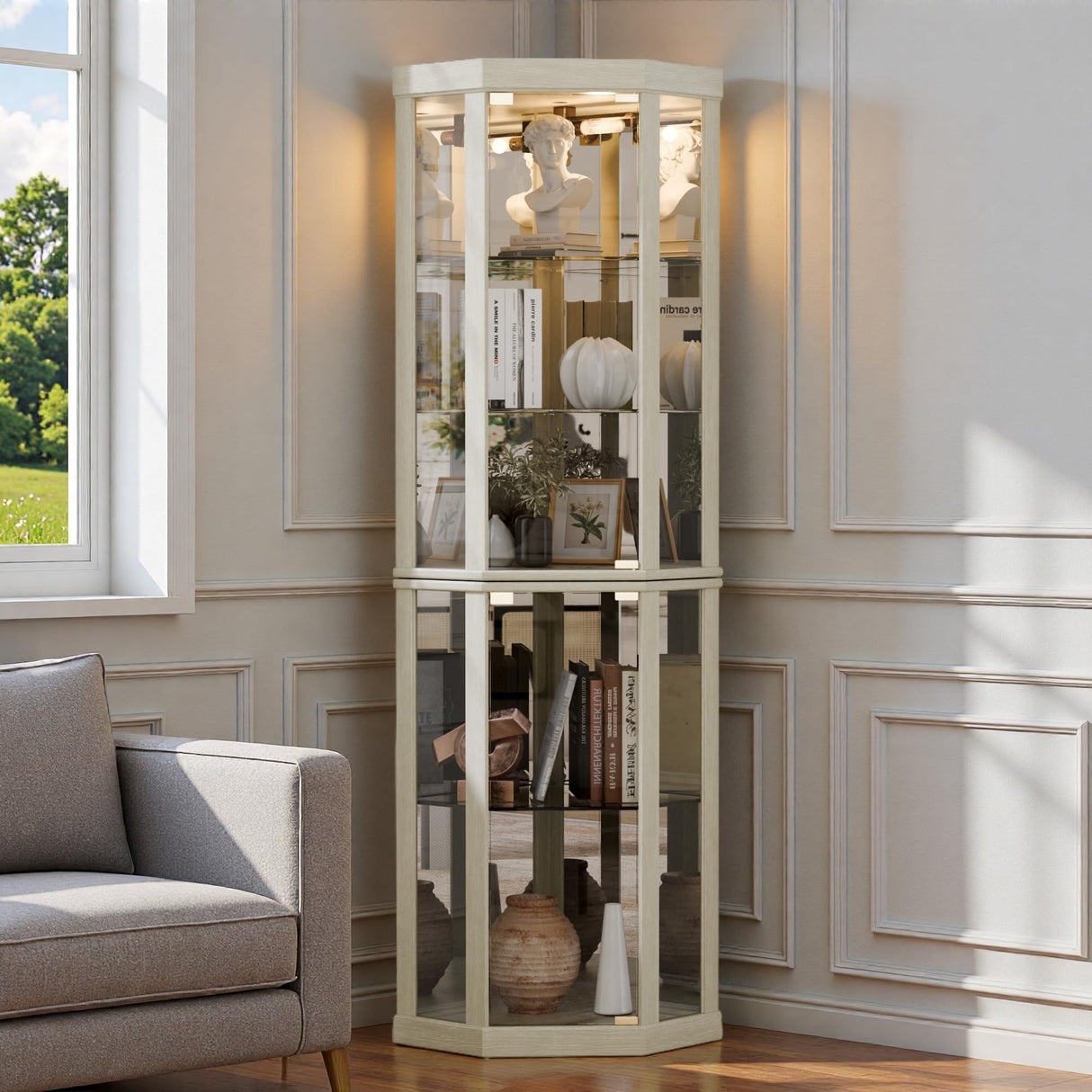 Trygoal Lighted 3-Side Glass Display Curio Cabinet, Corner China Cabinet with Tempered Glass Doors, Wooden Display Case with Light Bulb for Living Room, Antique White Trygoal