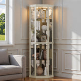 Trygoal Lighted 3-Side Glass Display Curio Cabinet, Corner China Cabinet with Tempered Glass Doors, Wooden Display Case with Light Bulb for Living Room, Antique White Trygoal