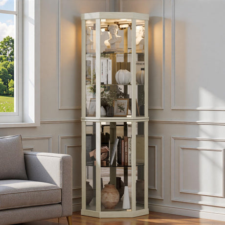 Trygoal Lighted 3-Side Glass Display Curio Cabinet, Corner China Cabinet with Tempered Glass Doors, Wooden Display Case with Light Bulb for Living Room, Antique White Trygoal