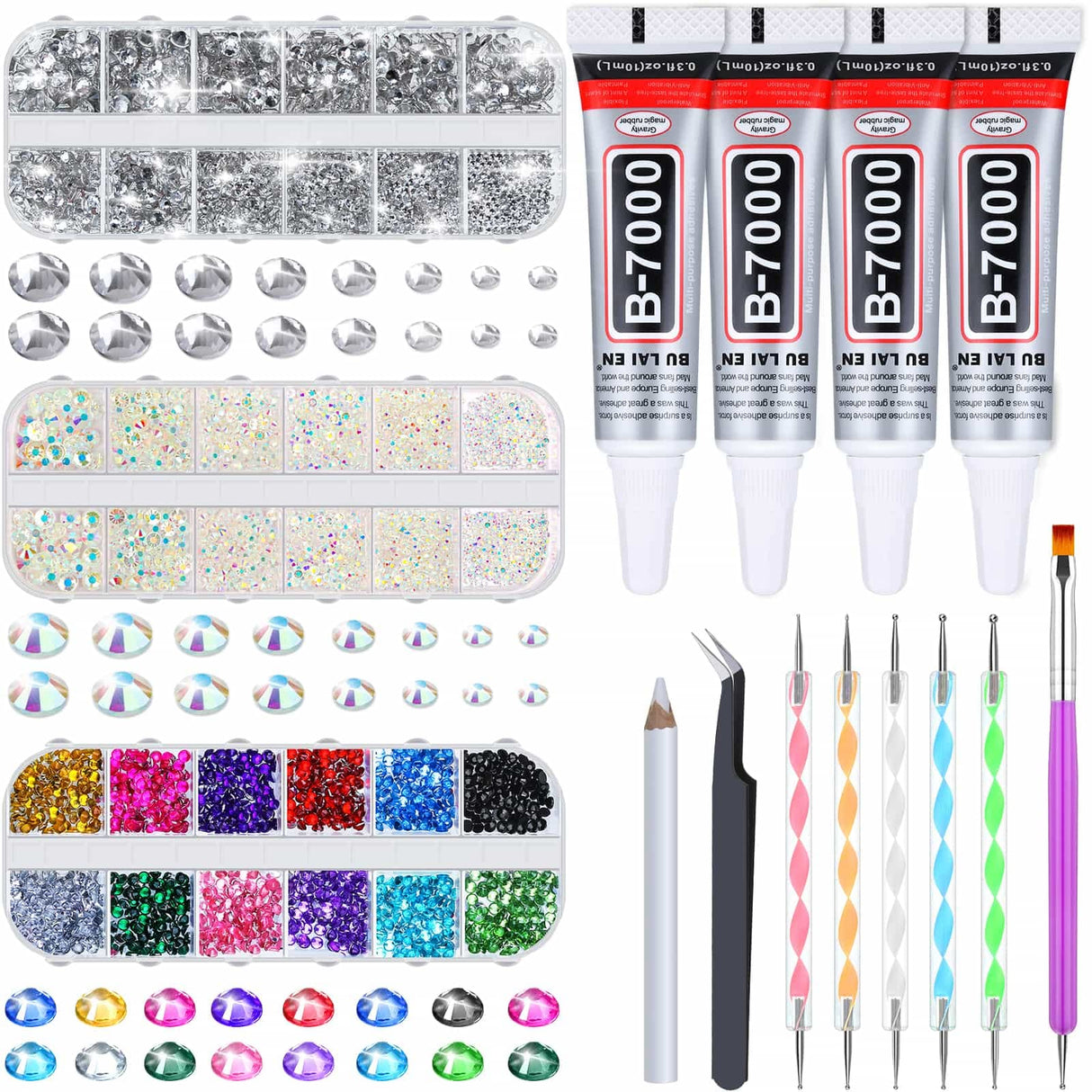 shynek B7000 Jewelry Glue with Rhinestones for Crafts, 6300Pcs Rhinestones with Gems Adhesive for Shoes Cloth Fabric with Picker Pencil for Crafting Diamond Art Graduation Cap Decorations shynek