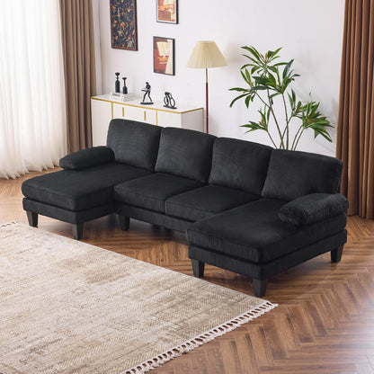 VINGLI 110" Sectional Couches for Living Room,U Shaped Couch with Double Chaise, 4-Seat Sofa Set with Corduroy Fabric for Home Furniture,Black