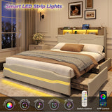 Maupvit Queen LED Bed Frame with Storage Headboard, 4 Storage Drawers & Charging Station, Metal Support Base, No Box Spring Needed, Beige Maupvit