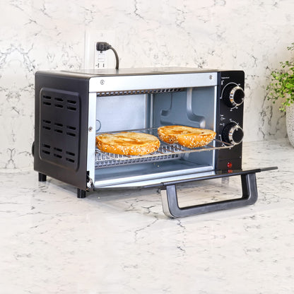 Total Chef Toaster Oven 4 Slice Small Compact Kitchen Appliance Pizza Bake Toast Rost Broil Bread Toaster Auto Shutoff timer Crumble Tray Natural Convection Countertop Black Stainless Steel