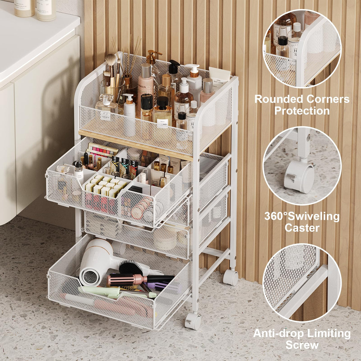 5-Tier Craft Organizer Cart with Wheels,Craft Organizers and Storage with Drawers,Lockable Wheels Rolling Utility Cart with DIY Divider,Office Supply Organizer,Ideal for Studio,Office,Bedroom,White Yociyoga