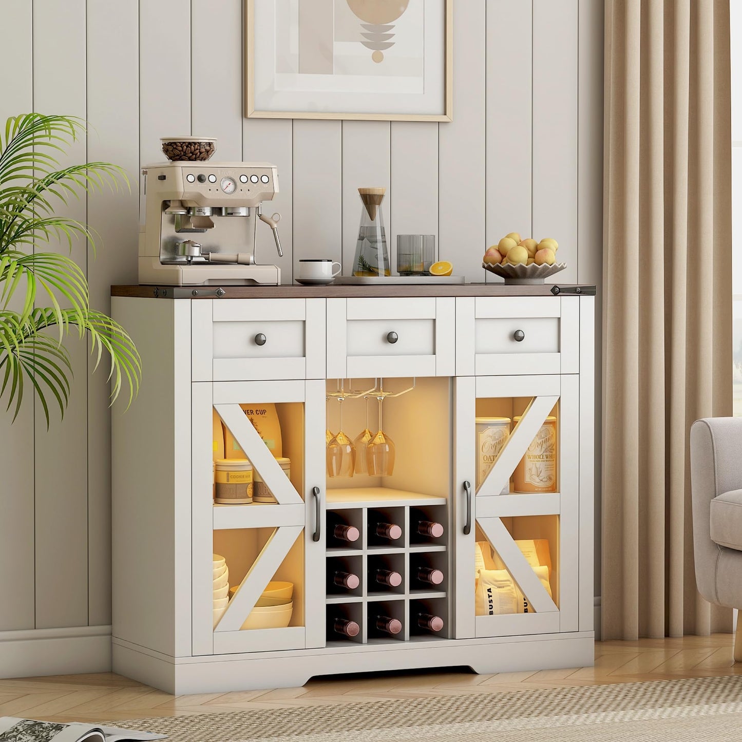 42" Coffee Bar Wine Cabinet with Barn Doors&LED Light, Farmhouse Sideboard Buffet Cabinet with Wine Bottle Rack, 3 Drawers, Storage Cabinet for Dining Room,Kitchen, White