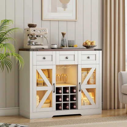 42" Coffee Bar Wine Cabinet with Barn Doors&LED Light, Farmhouse Sideboard Buffet Cabinet with Wine Bottle Rack, 3 Drawers, Storage Cabinet for Dining Room,Kitchen, White