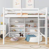 Full Loft Bed with 8 Storage Shelves, Wooden Loft Beds Frame with Bookcase, High Loft Bed with Ladder for Kids Boys Girls Teens, Antique White Bellemave