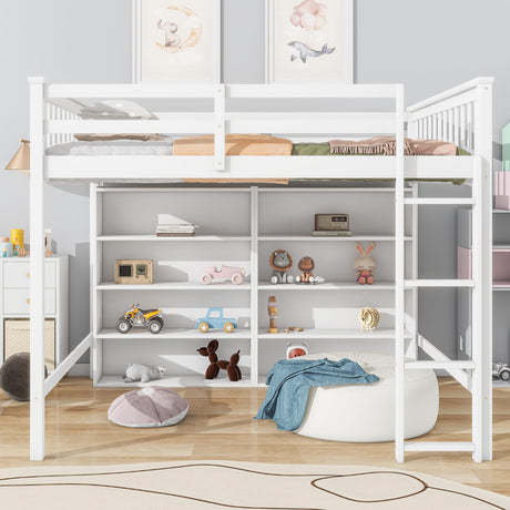 Full Loft Bed with 8 Storage Shelves, Wooden Loft Beds Frame with Bookcase, High Loft Bed with Ladder for Kids Boys Girls Teens, Antique White Bellemave
