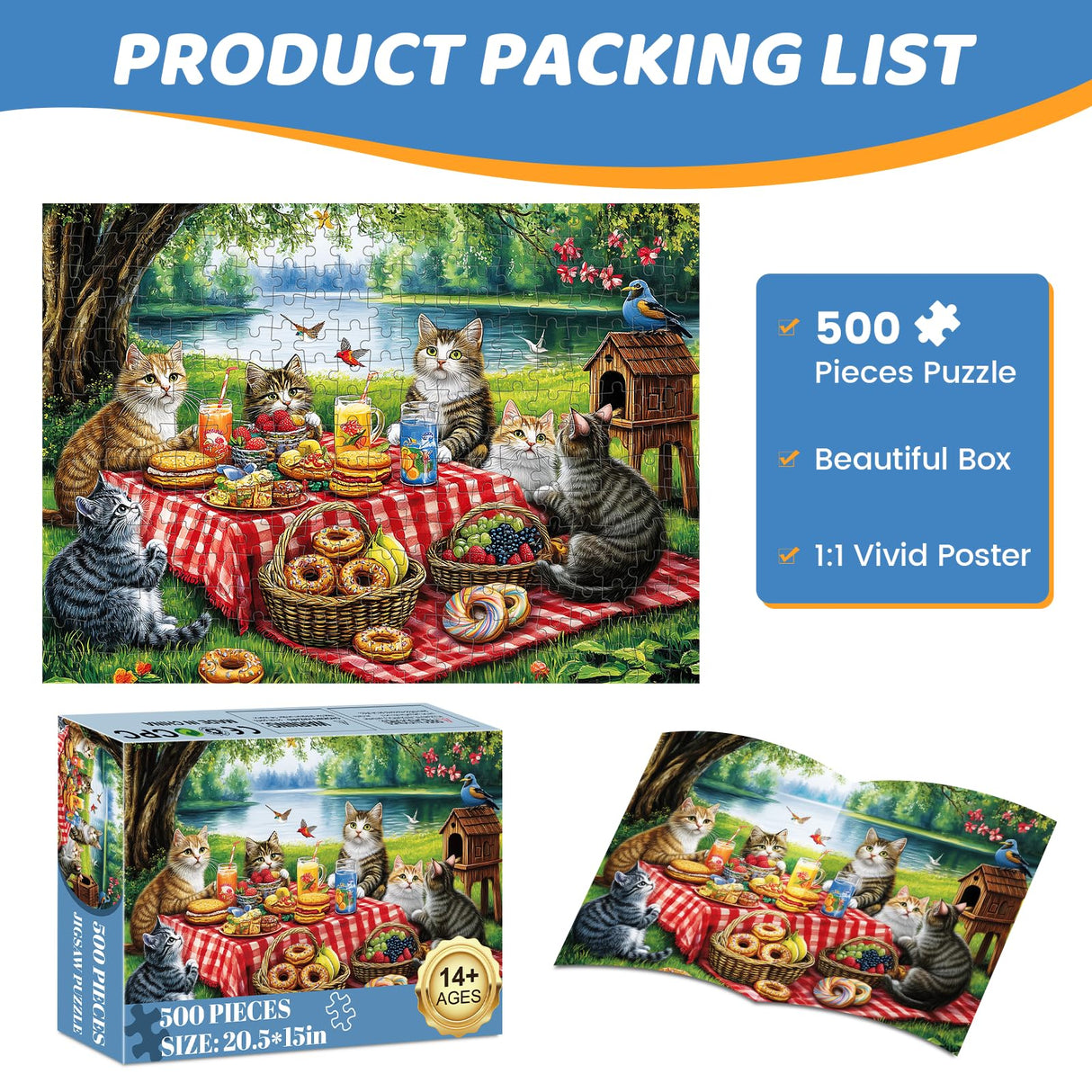 500 Piece Puzzles for Adults, Cat Family Dinner Large Piece Jigsaw Puzzle for Adults Kids Seniors,Recycled Cardboard Puzzle 500 Piece,Family Activity Great Gift for Family Friends 20.5 * 15 in MJYPHDM